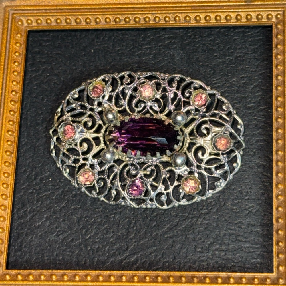 Vintage Victorian Silver Glass Amethyst Antique Brooch - Picture 5 of 16